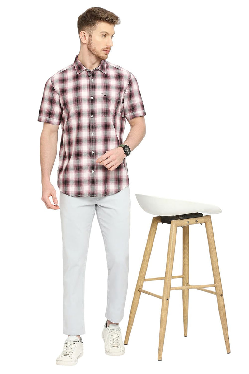 BASICS SLIM FIT COTTON TWILL CHECKS HALFSLEEVES SHIRT