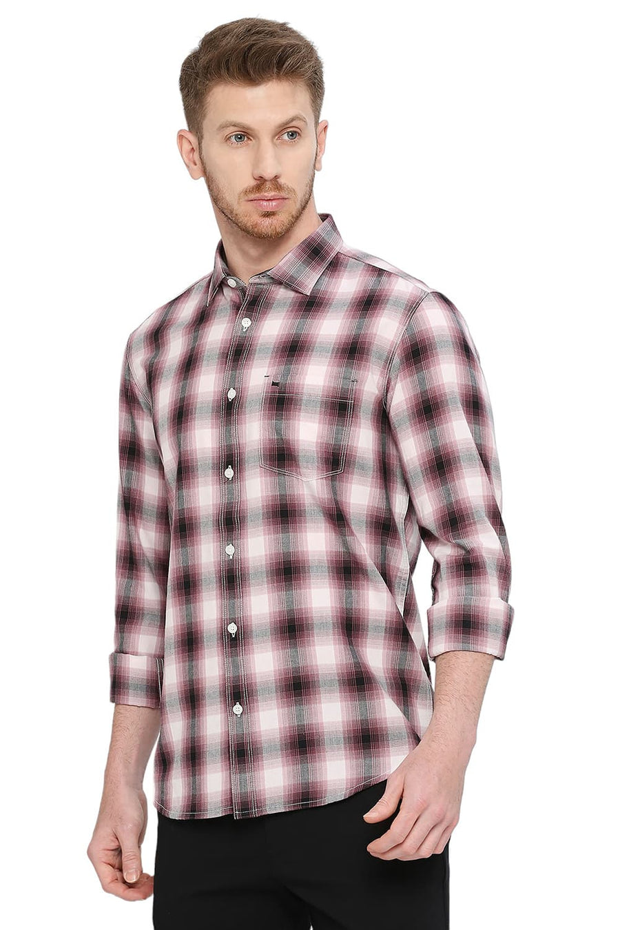 BASICS SLIM FIT GINGER WINE COTTON TWILL CHECKS SHIRT