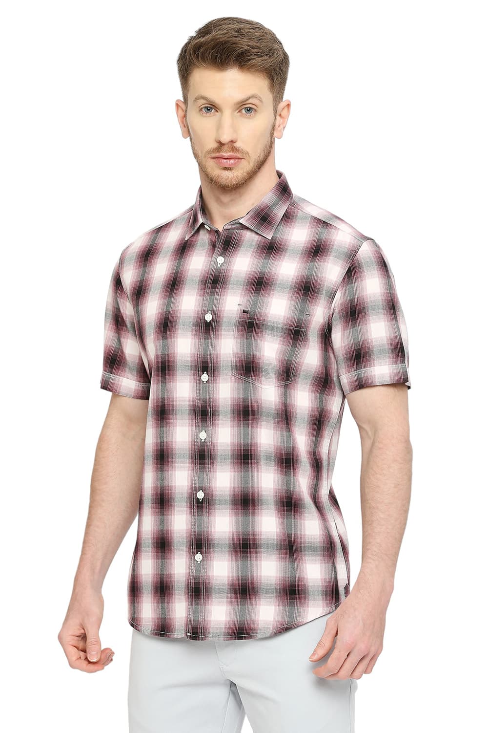 BASICS SLIM FIT COTTON TWILL CHECKS HALFSLEEVES SHIRT