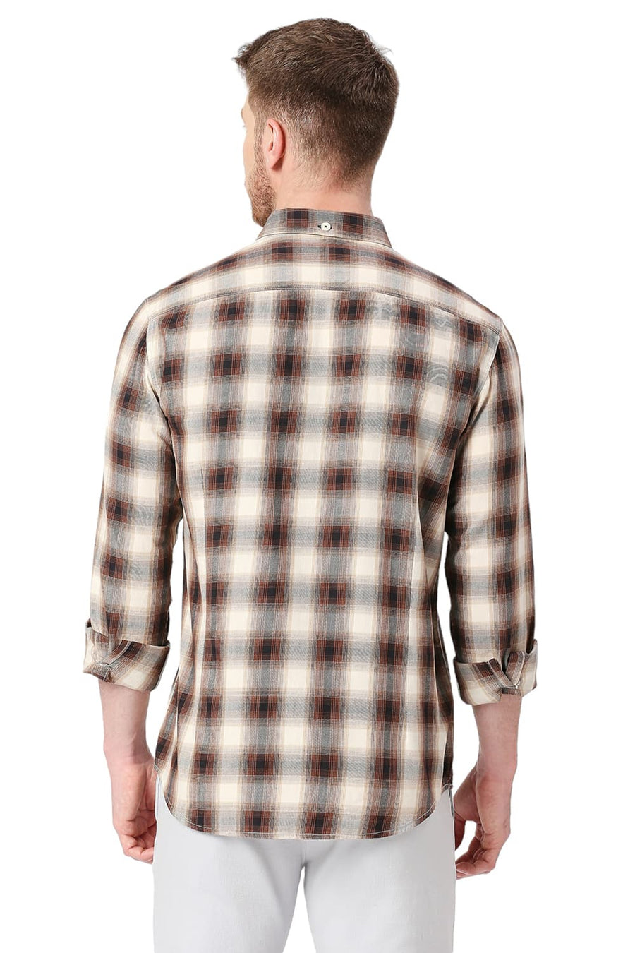 BASICS SLIM FIT CLOVE BROWN COTTON TWILL CHECKS SHIRT