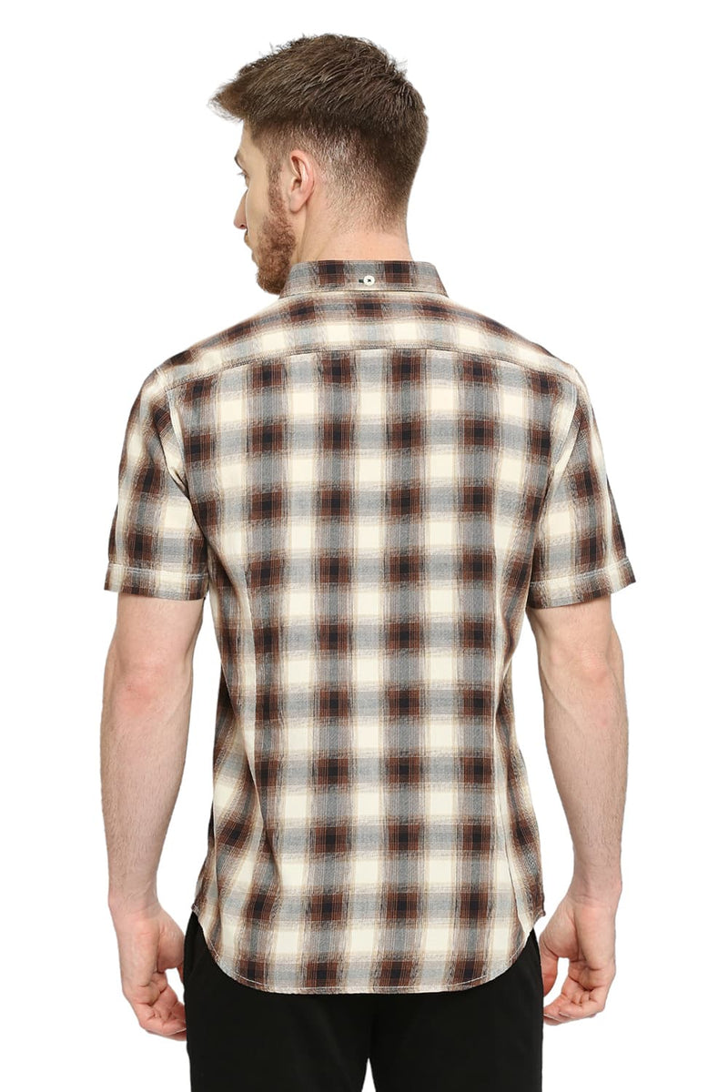 BASICS SLIM FIT COTTON TWILL CHECKS HALFSLEEVES SHIRT