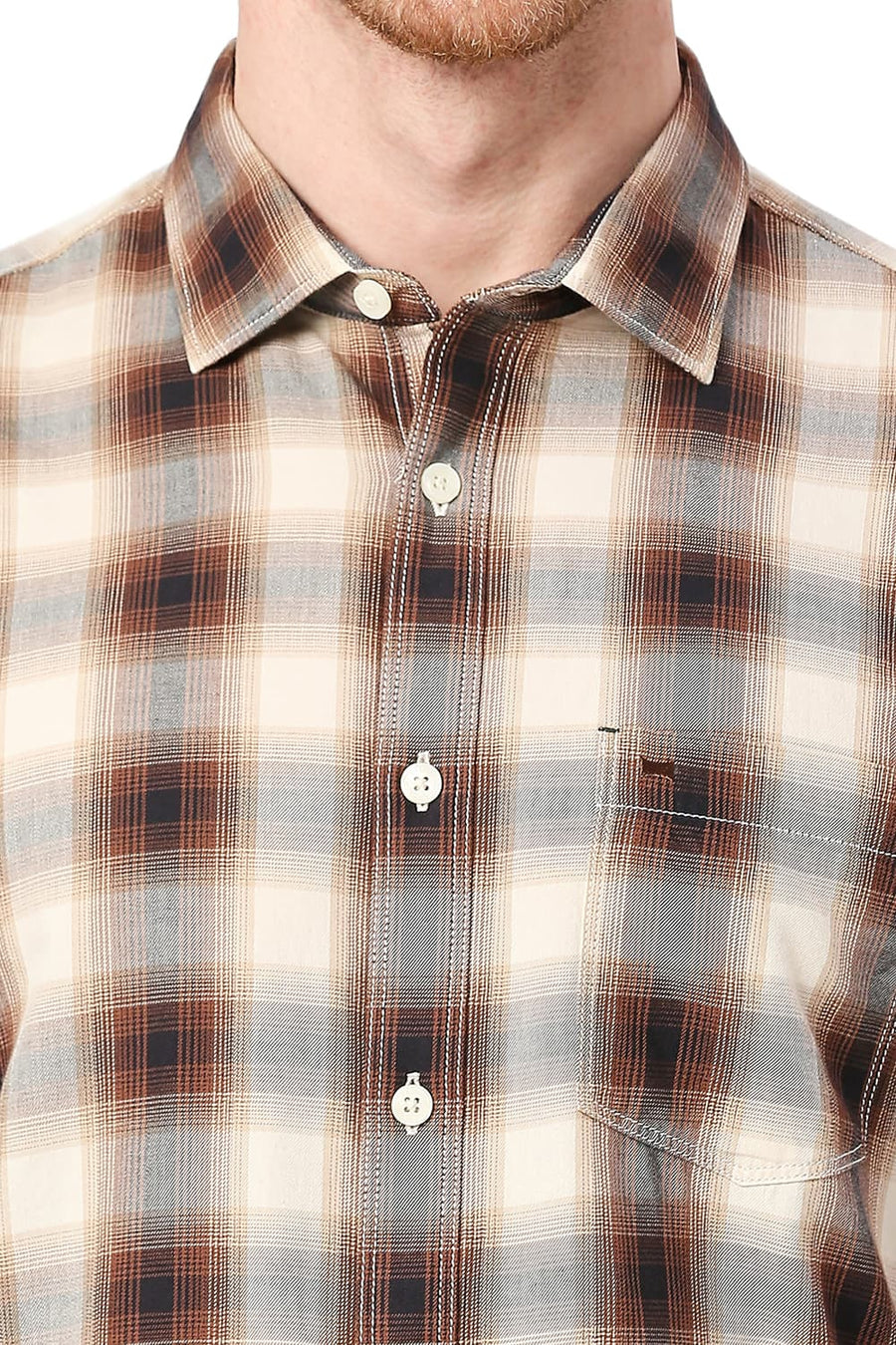 BASICS SLIM FIT CLOVE BROWN COTTON TWILL CHECKS SHIRT