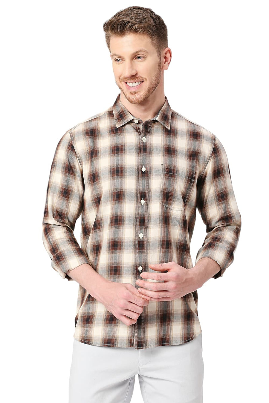 BASICS SLIM FIT CLOVE BROWN COTTON TWILL CHECKS SHIRT