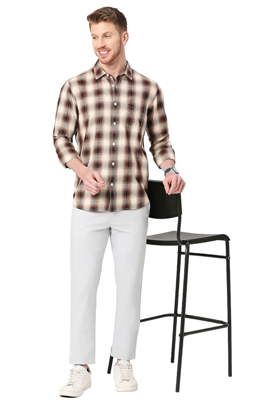 BASICS SLIM FIT CLOVE BROWN COTTON TWILL CHECKS SHIRT