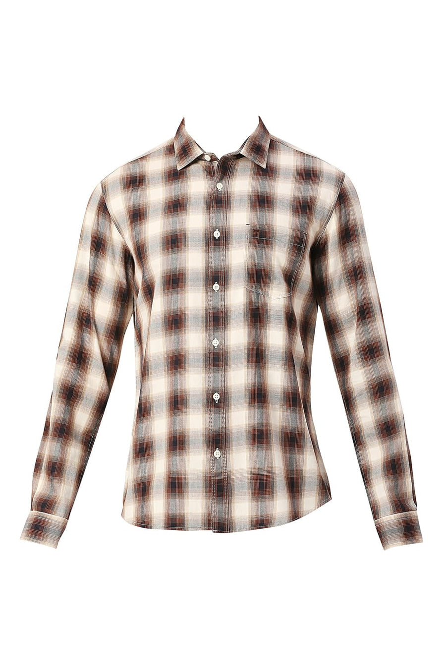 BASICS SLIM FIT CLOVE BROWN COTTON TWILL CHECKS SHIRT