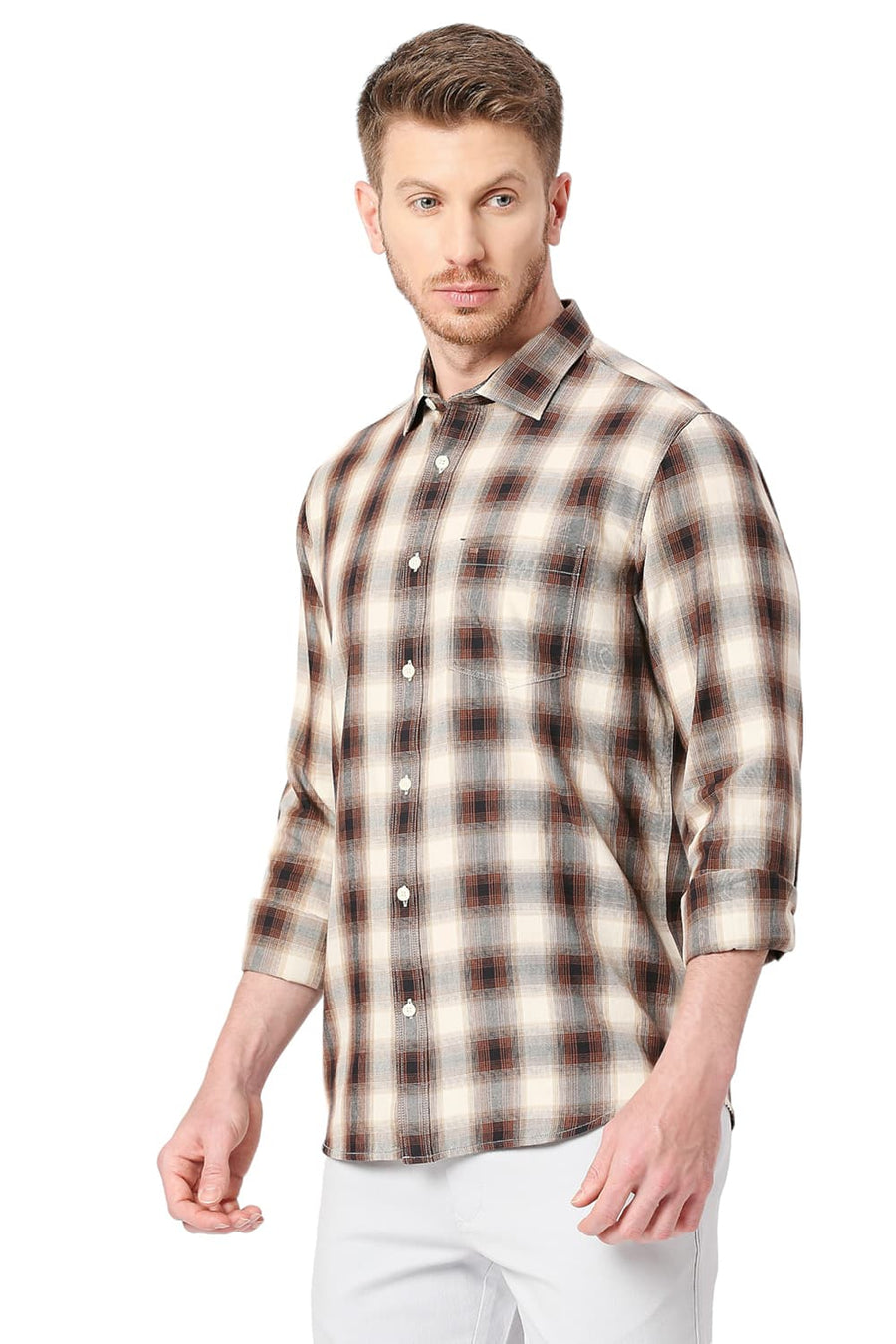 BASICS SLIM FIT CLOVE BROWN COTTON TWILL CHECKS SHIRT