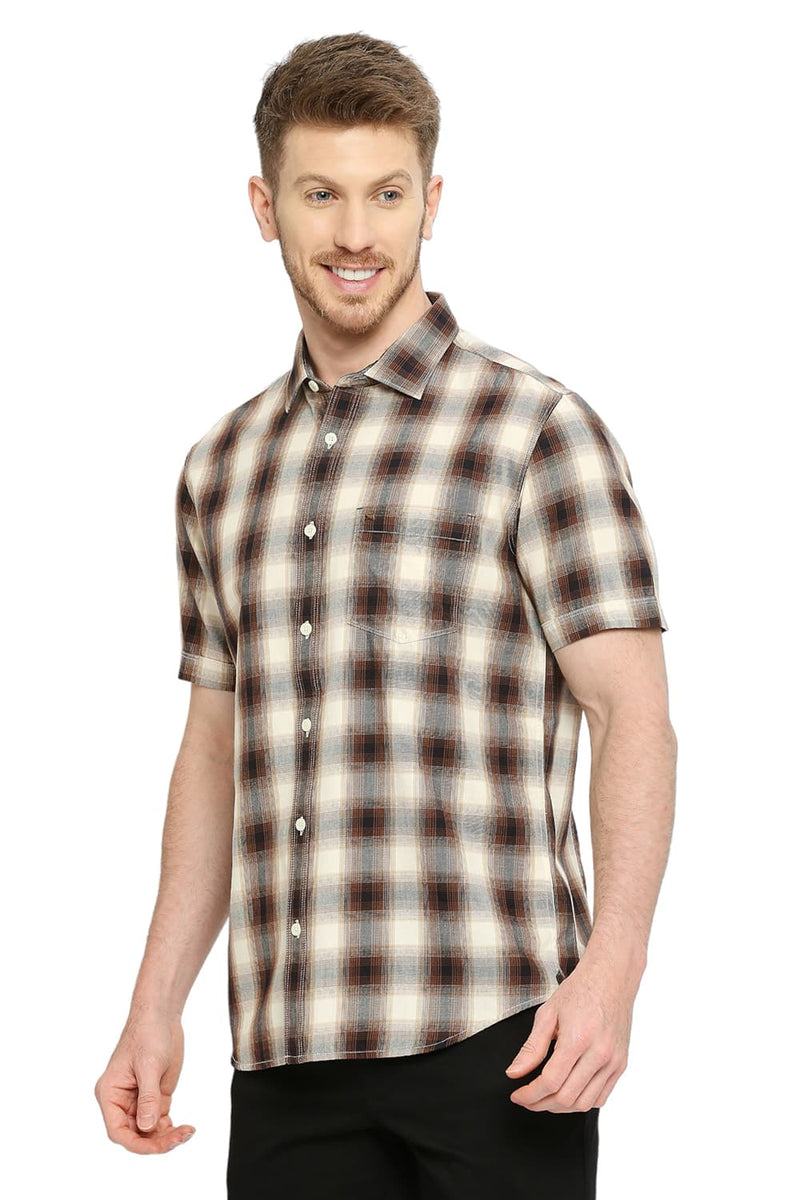 BASICS SLIM FIT COTTON TWILL CHECKS HALFSLEEVES SHIRT