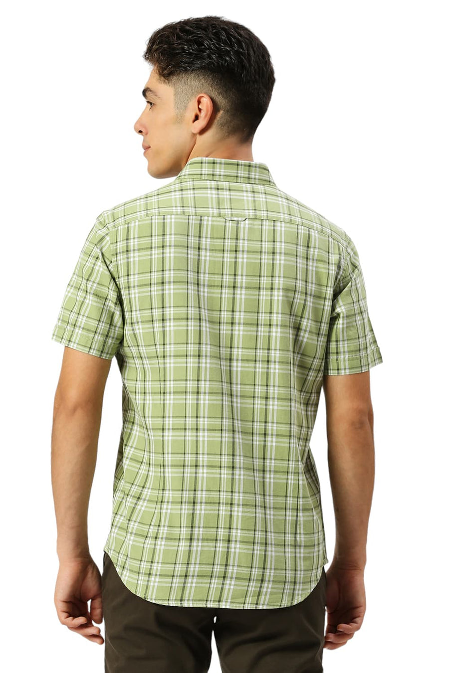 BASICS SLIM FIT KELP FOREST GREEN COTTON TWILL CHECKS HALFSLEEVES SHIRT