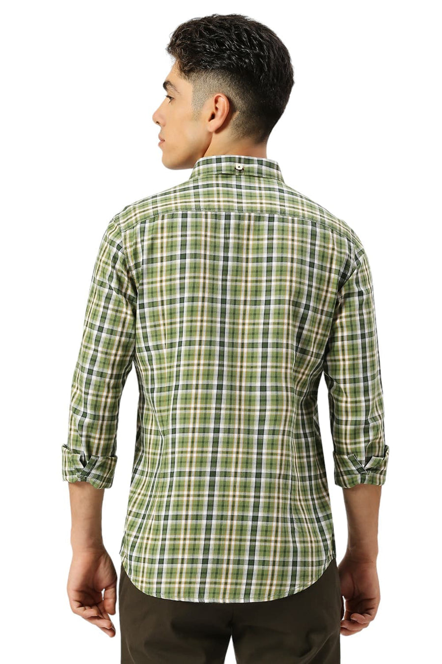 BASICS SLIM FIT KELP FOREST GREEN COTTON TWILL CHECKS SHIRT