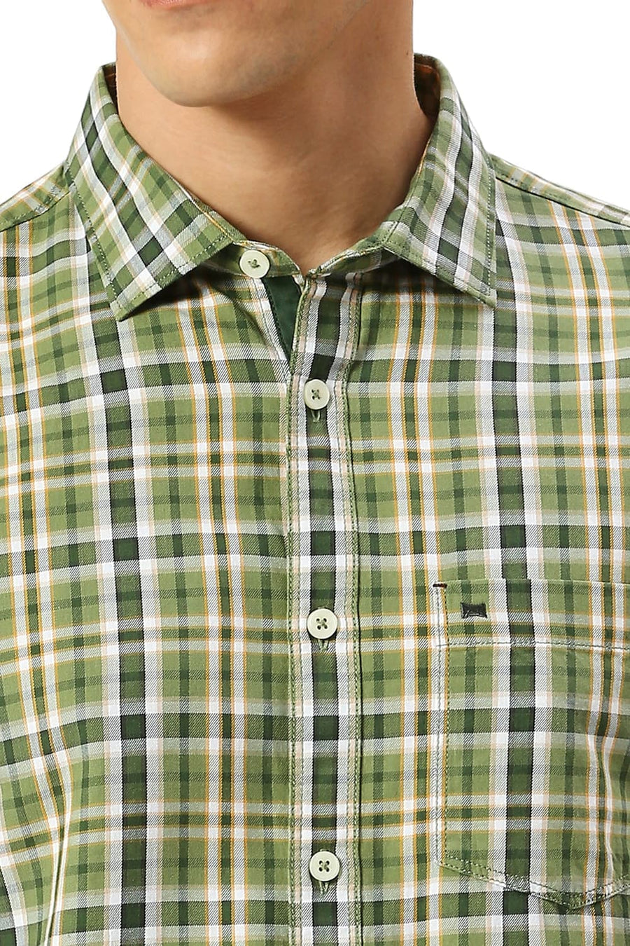 BASICS SLIM FIT KELP FOREST GREEN COTTON TWILL CHECKS SHIRT