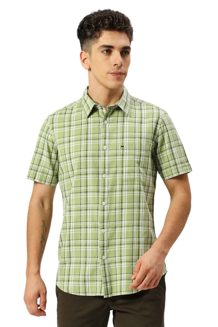 BASICS SLIM FIT KELP FOREST GREEN COTTON TWILL CHECKS HALFSLEEVES SHIRT
