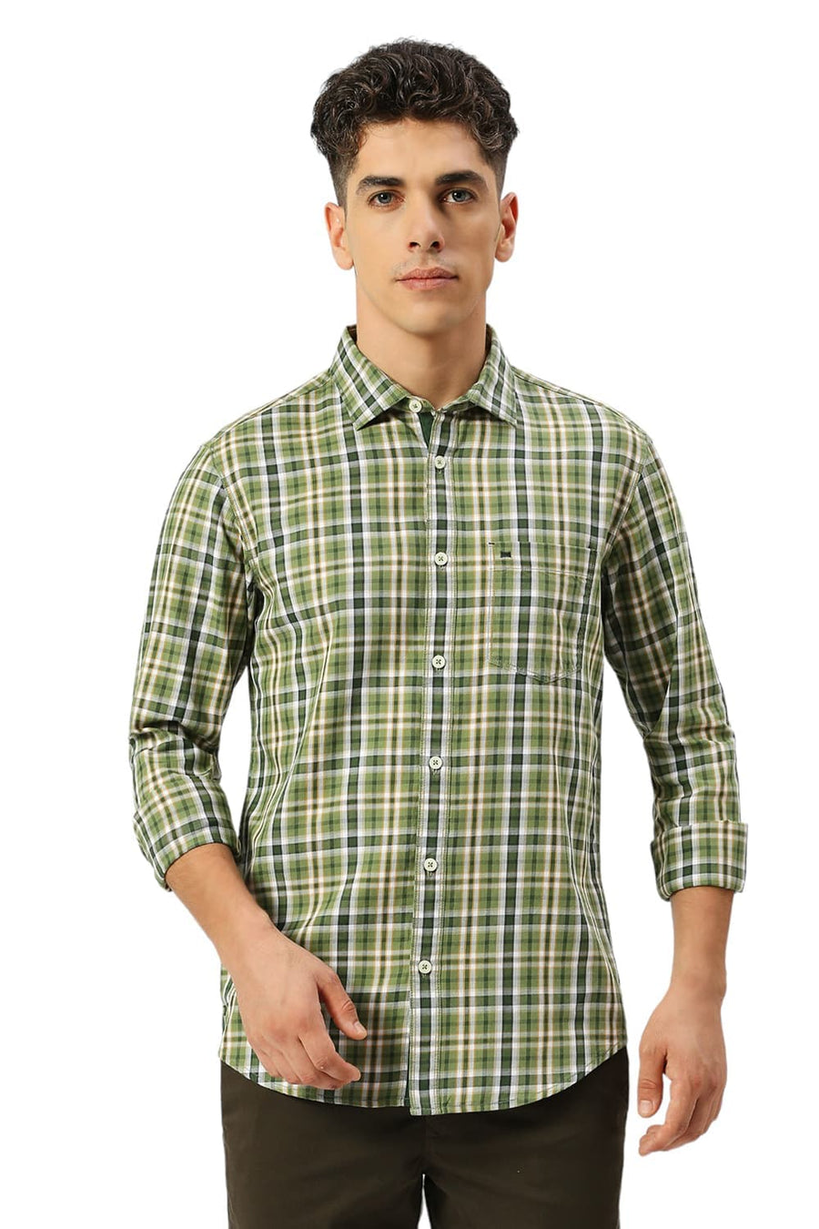 BASICS SLIM FIT KELP FOREST GREEN COTTON TWILL CHECKS SHIRT