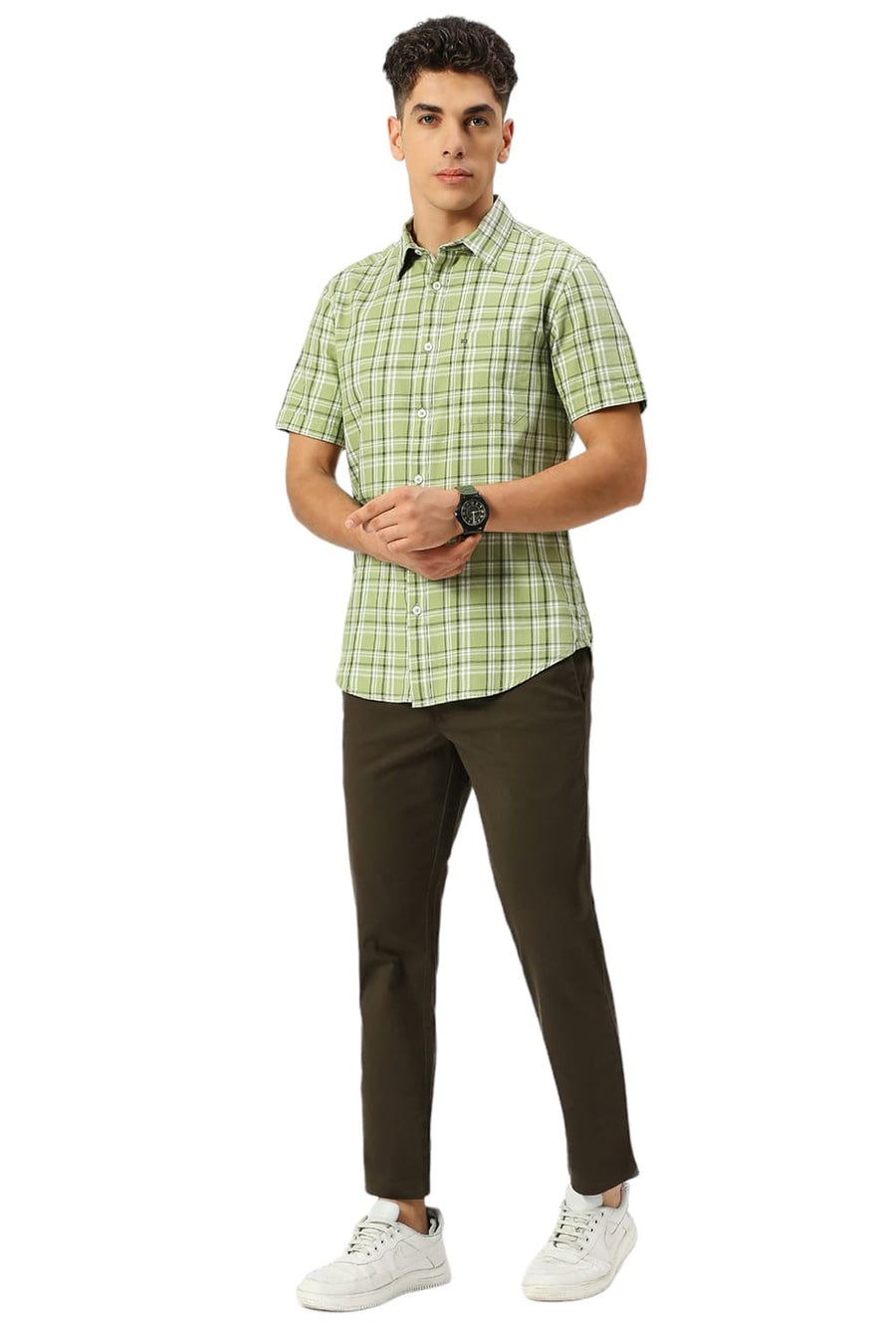 BASICS SLIM FIT KELP FOREST GREEN COTTON TWILL CHECKS HALFSLEEVES SHIRT