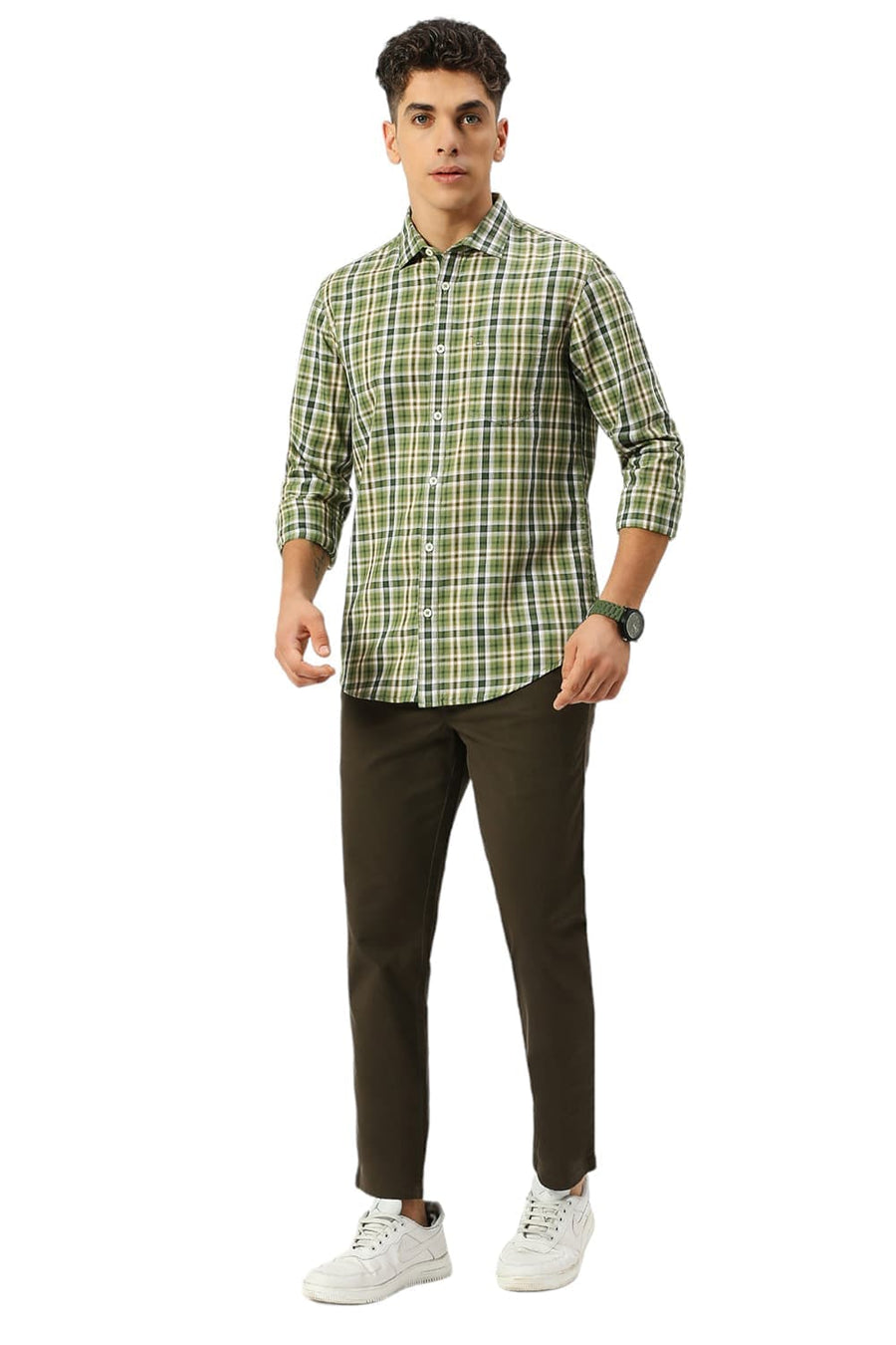 BASICS SLIM FIT KELP FOREST GREEN COTTON TWILL CHECKS SHIRT