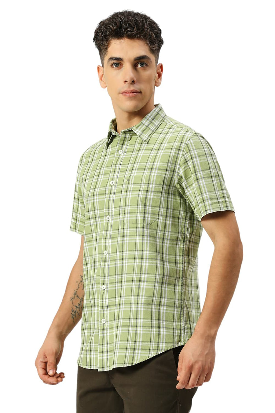 BASICS SLIM FIT KELP FOREST GREEN COTTON TWILL CHECKS HALFSLEEVES SHIRT