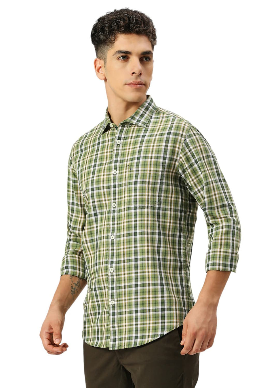 BASICS SLIM FIT KELP FOREST GREEN COTTON TWILL CHECKS SHIRT