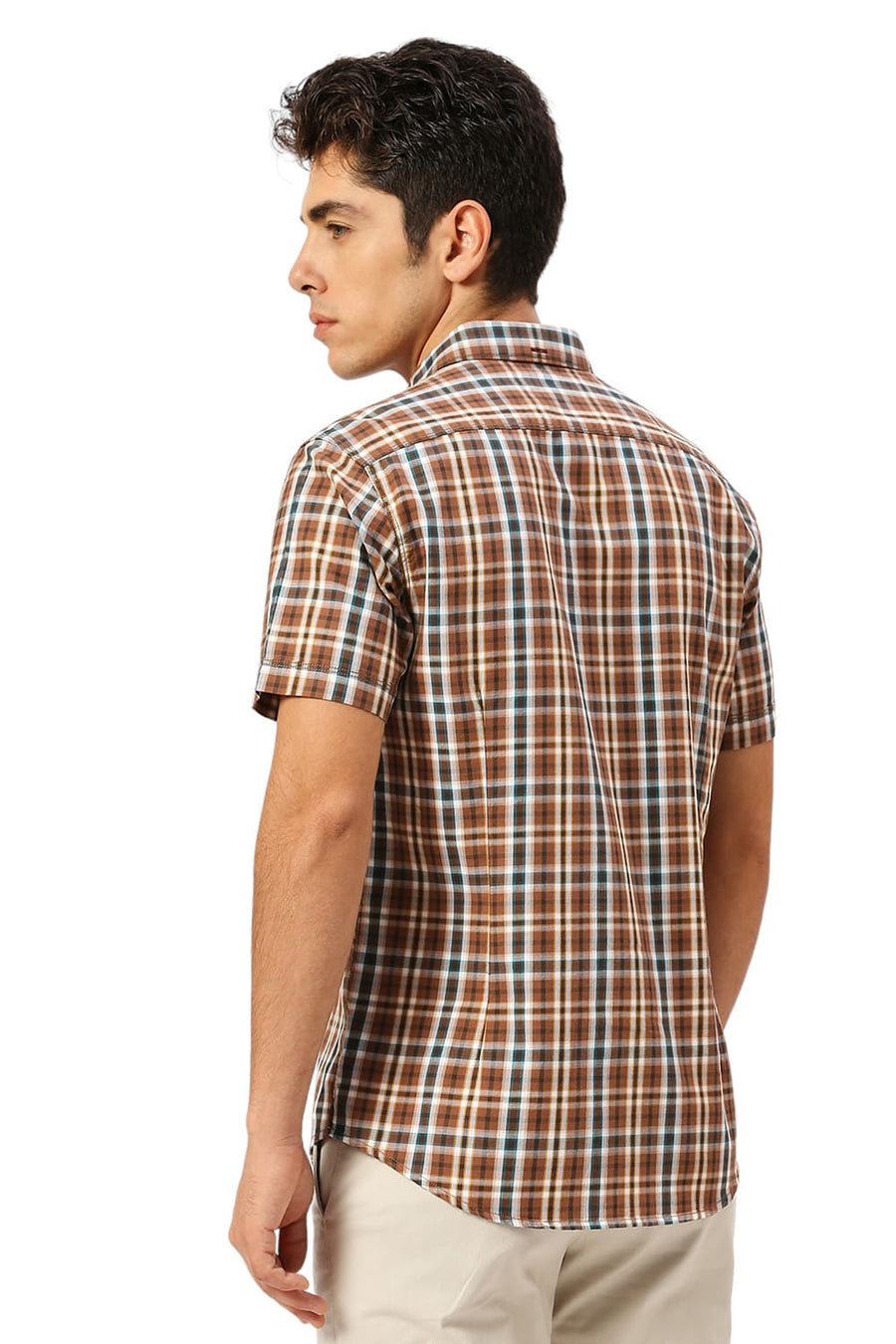 BASICS SLIM FIT GINGER ROOT KHAKI COTTON TWILL CHECKS HALFSLEEVES SHIRT