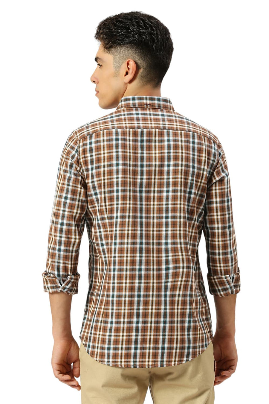 BASICS SLIM FIT GINGER ROOT KHAKI COTTON TWILL CHECKS SHIRT