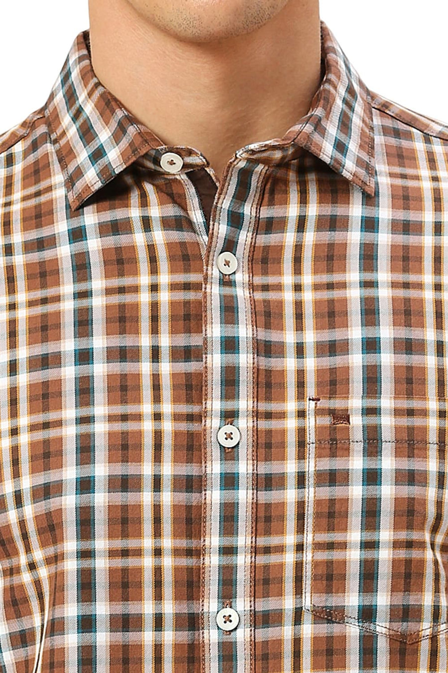 BASICS SLIM FIT GINGER ROOT KHAKI COTTON TWILL CHECKS HALFSLEEVES SHIRT