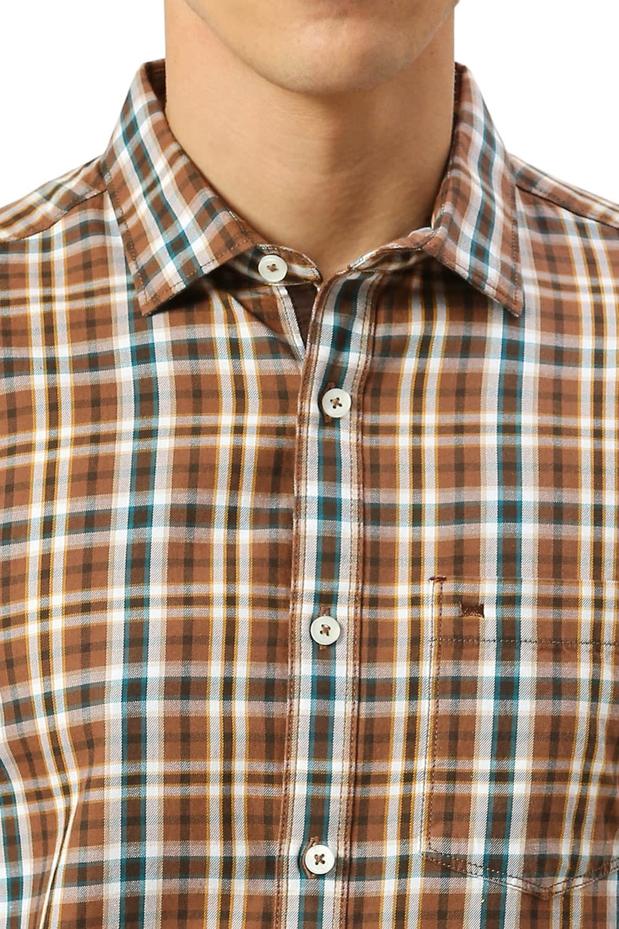 BASICS SLIM FIT GINGER ROOT KHAKI COTTON TWILL CHECKS SHIRT