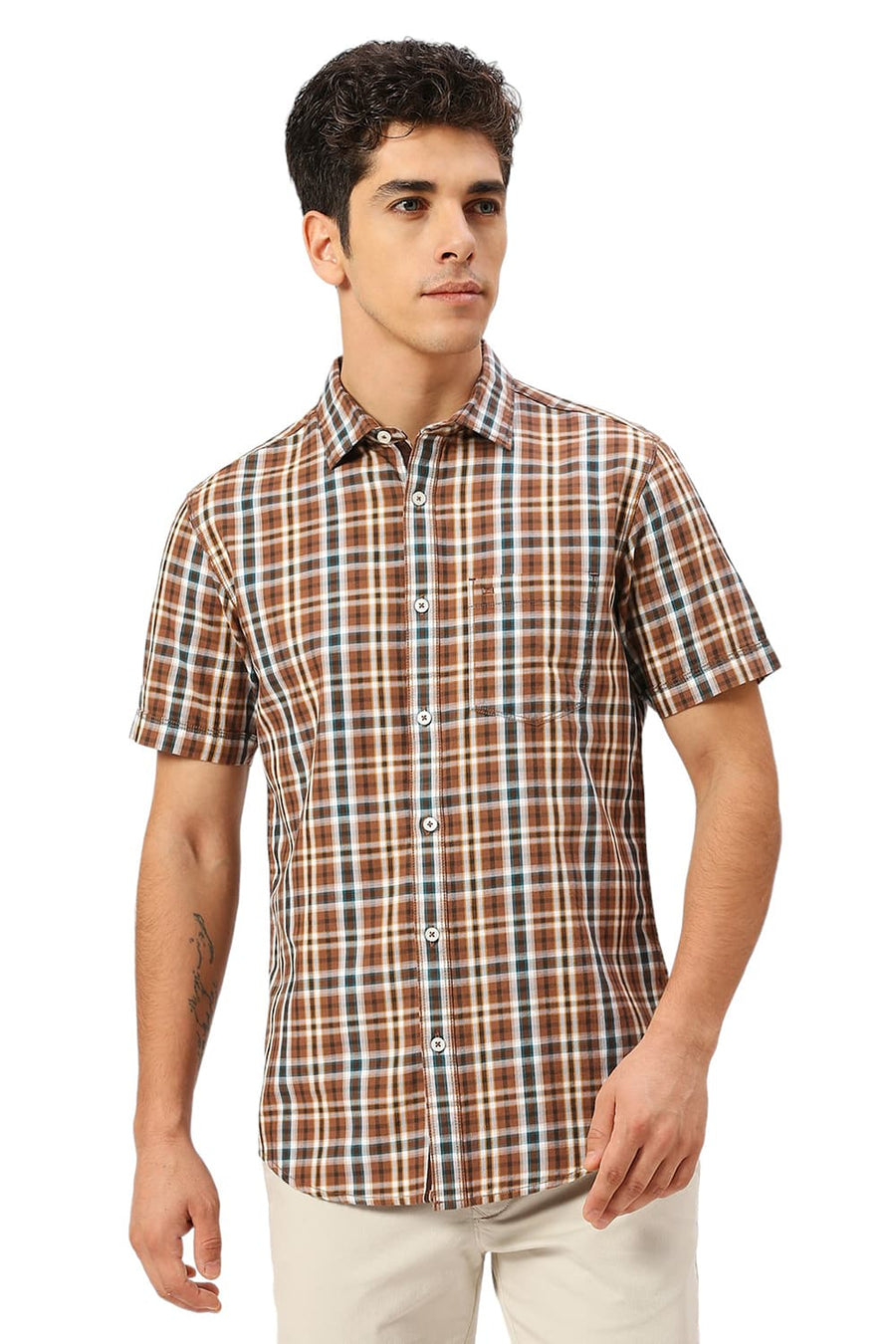 BASICS SLIM FIT GINGER ROOT KHAKI COTTON TWILL CHECKS HALFSLEEVES SHIRT
