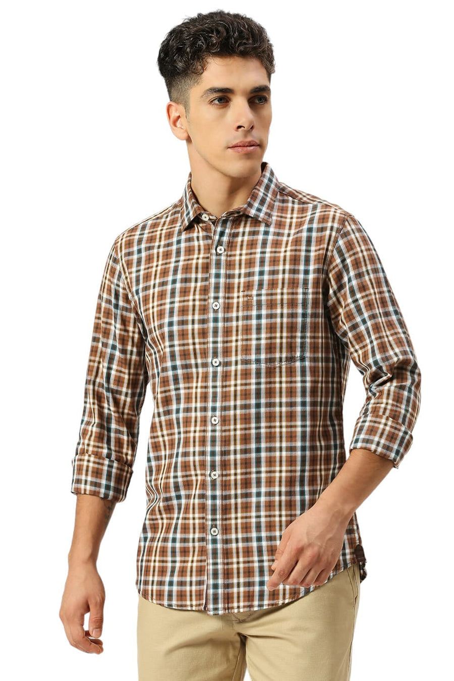 BASICS SLIM FIT GINGER ROOT KHAKI COTTON TWILL CHECKS SHIRT