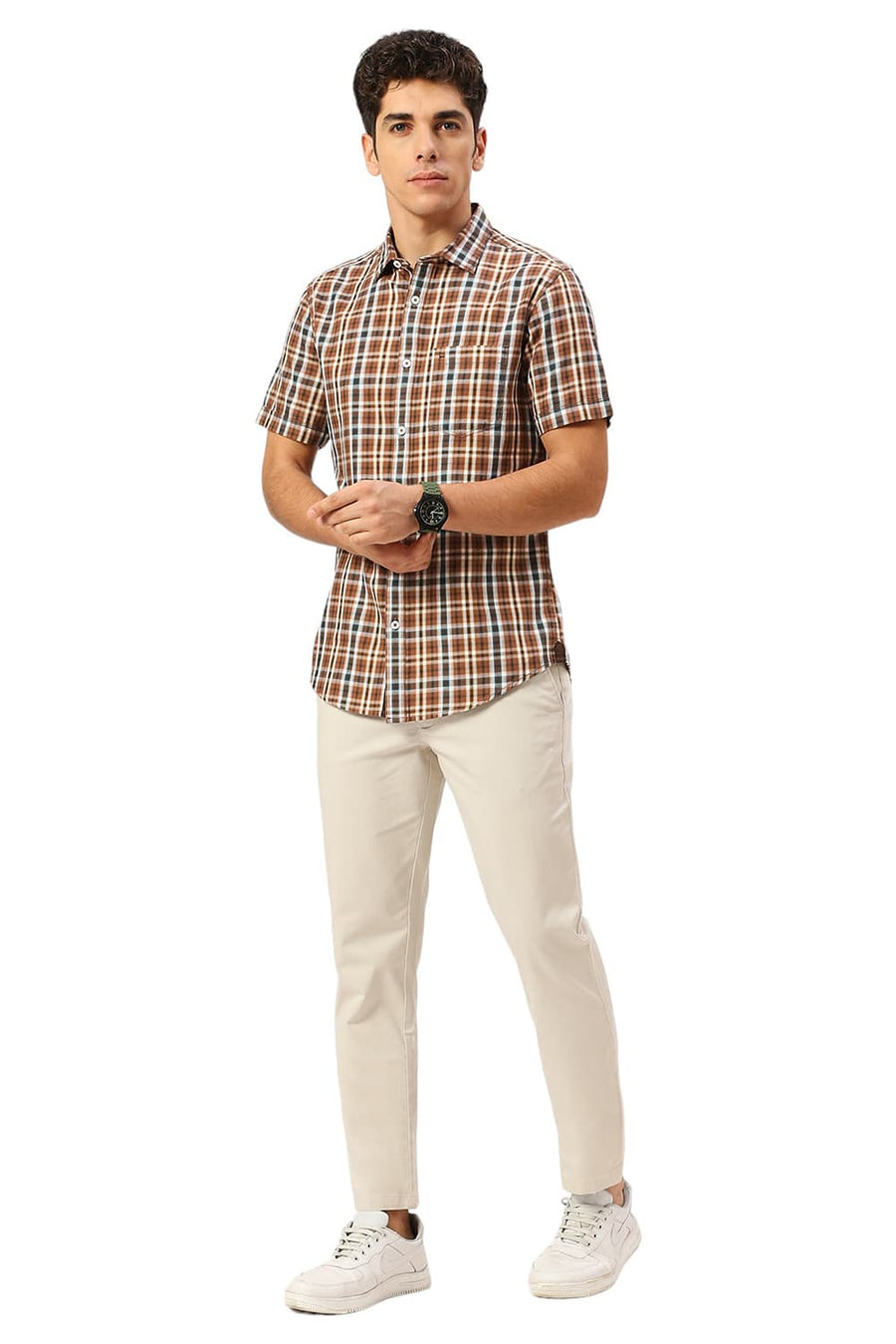 BASICS SLIM FIT GINGER ROOT KHAKI COTTON TWILL CHECKS HALFSLEEVES SHIRT