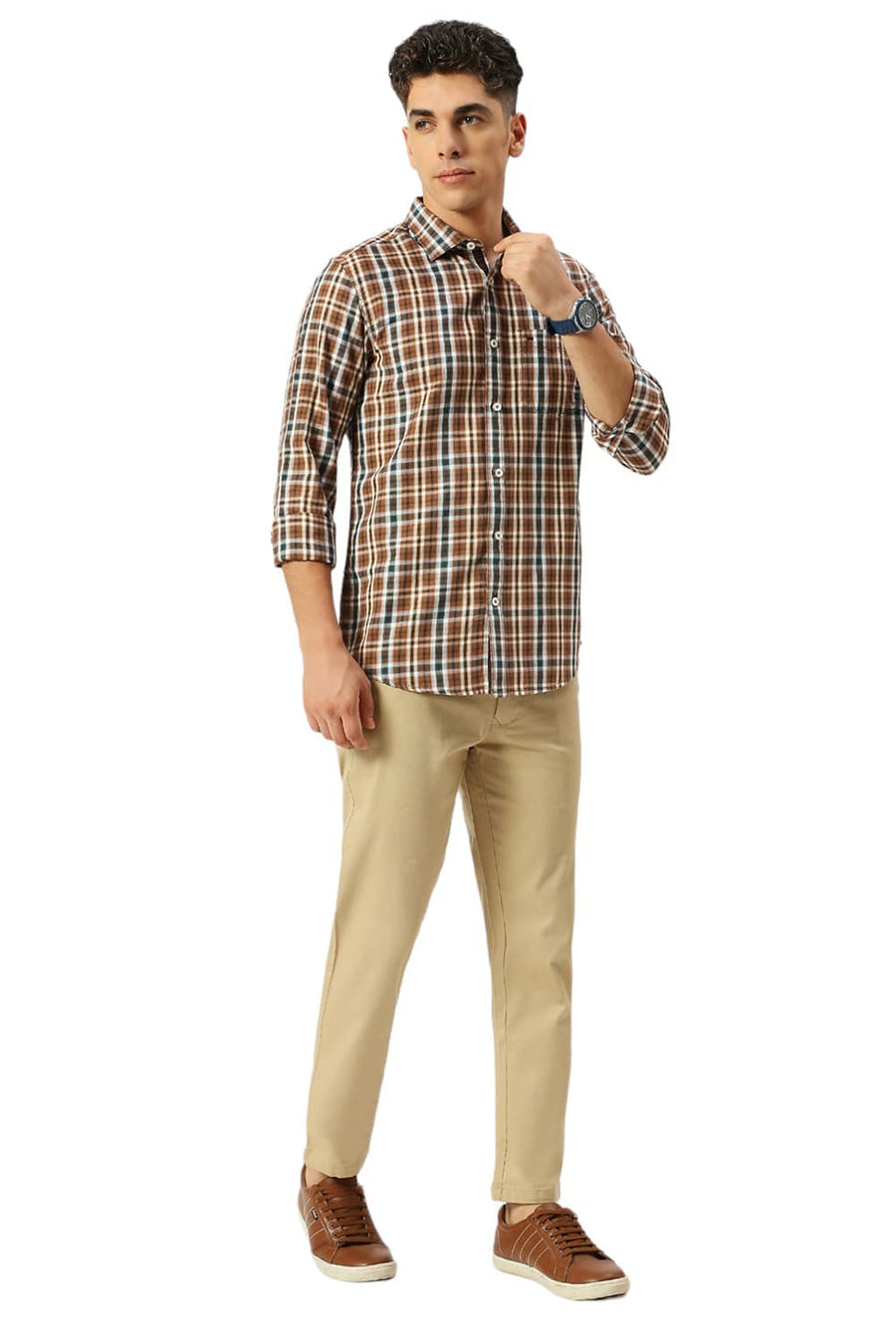 BASICS SLIM FIT GINGER ROOT KHAKI COTTON TWILL CHECKS SHIRT