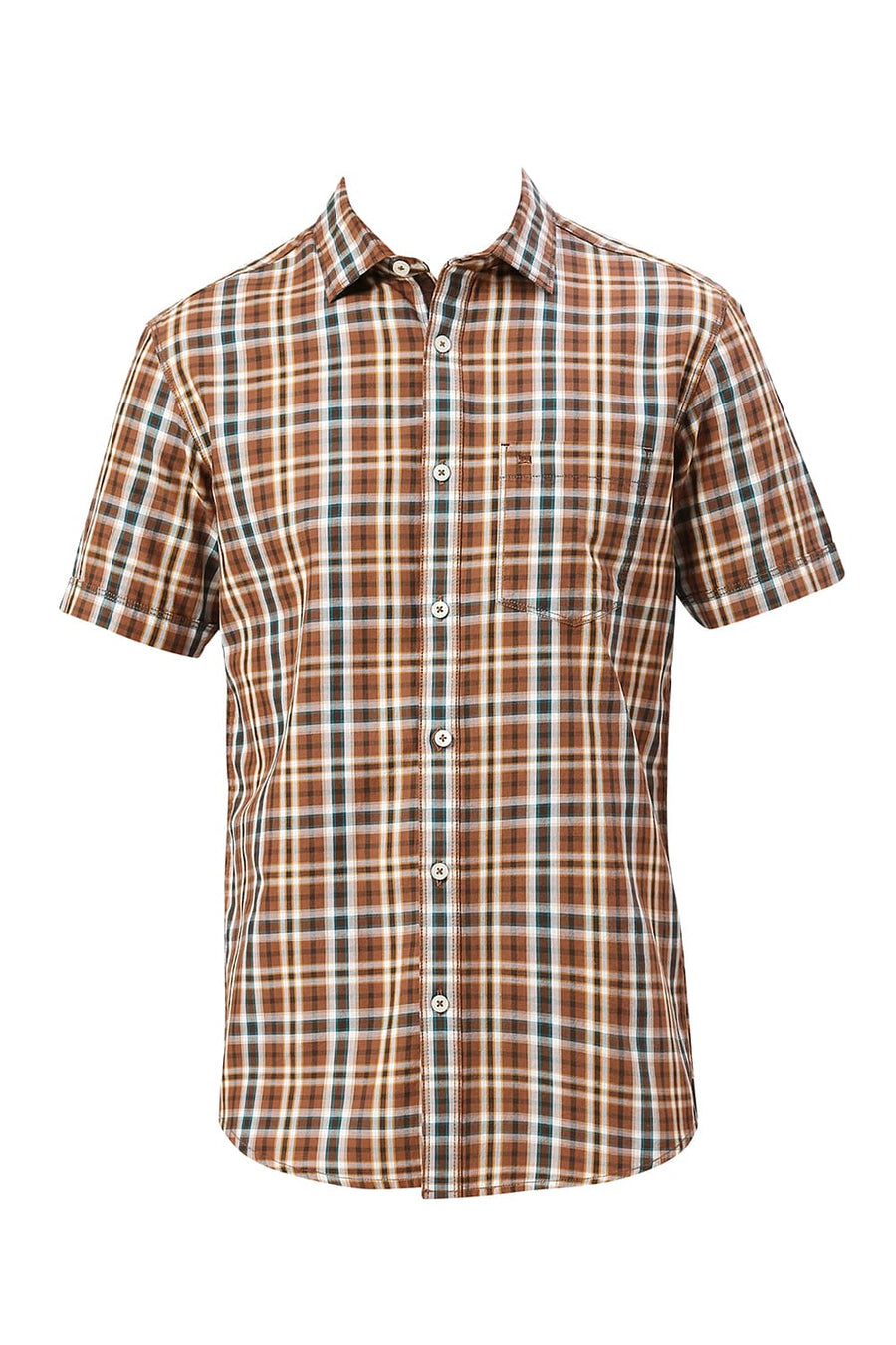 BASICS SLIM FIT GINGER ROOT KHAKI COTTON TWILL CHECKS HALFSLEEVES SHIRT