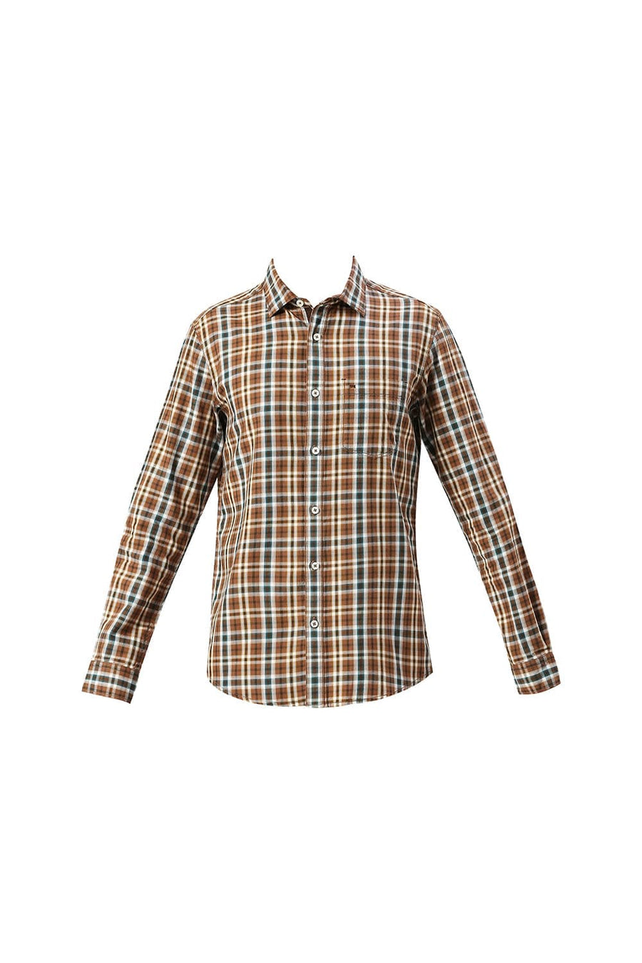 BASICS SLIM FIT GINGER ROOT KHAKI COTTON TWILL CHECKS SHIRT