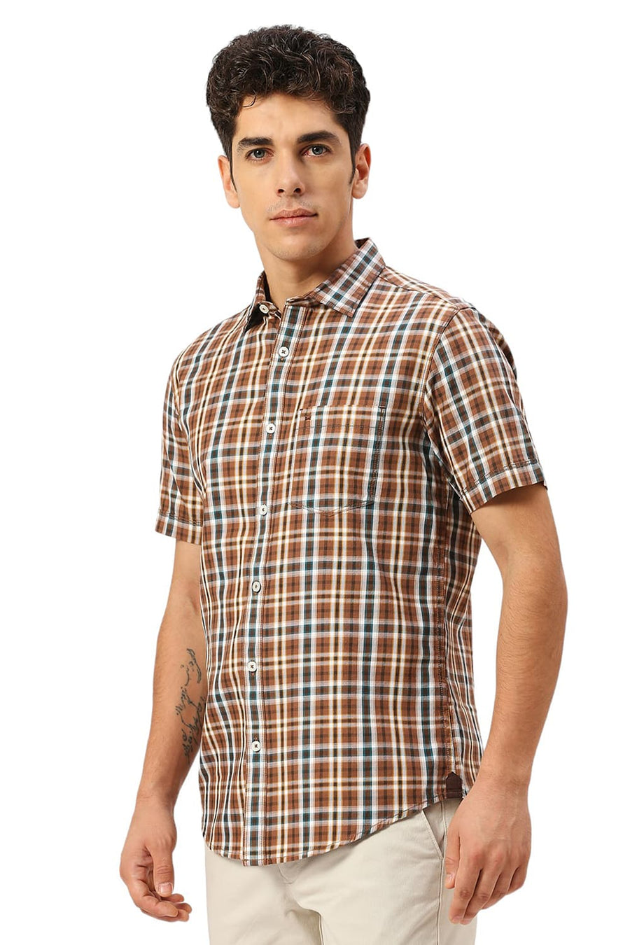 BASICS SLIM FIT GINGER ROOT KHAKI COTTON TWILL CHECKS HALFSLEEVES SHIRT