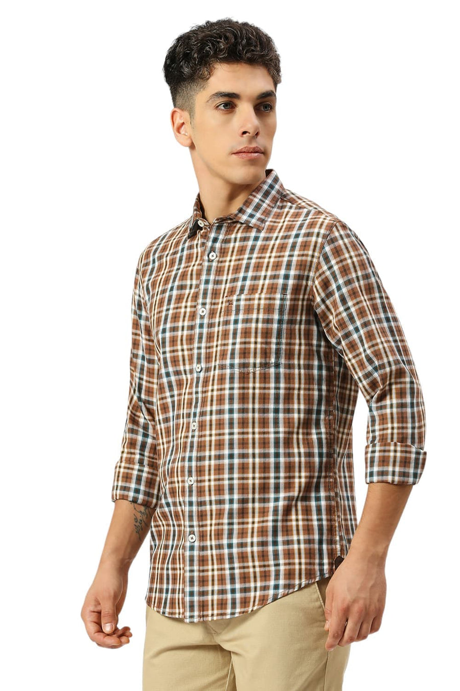 BASICS SLIM FIT GINGER ROOT KHAKI COTTON TWILL CHECKS SHIRT