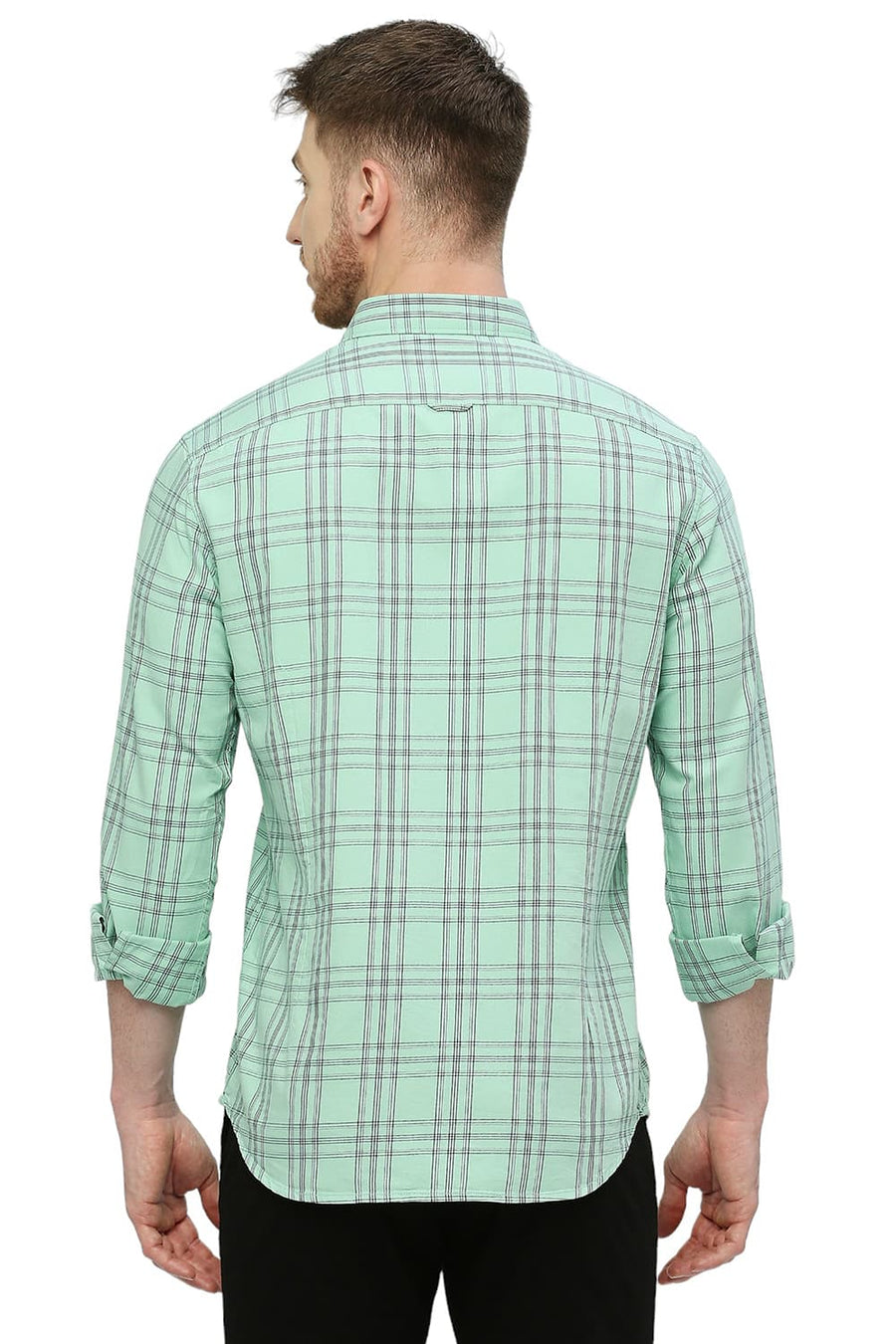 BASICS SLIM FIT COCKATOO GREEN COTTON TWILL CHECKS SHIRT