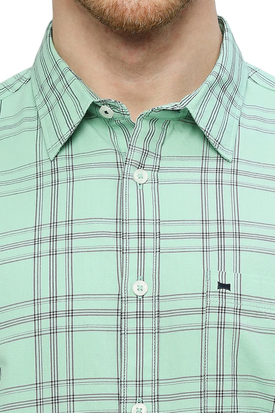 BASICS SLIM FIT COCKATOO GREEN COTTON TWILL CHECKS SHIRT