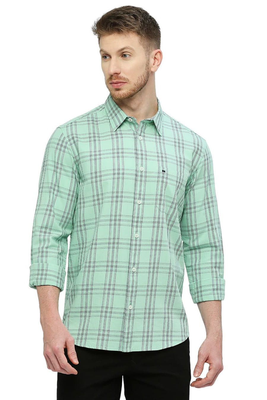 BASICS SLIM FIT COCKATOO GREEN COTTON TWILL CHECKS SHIRT