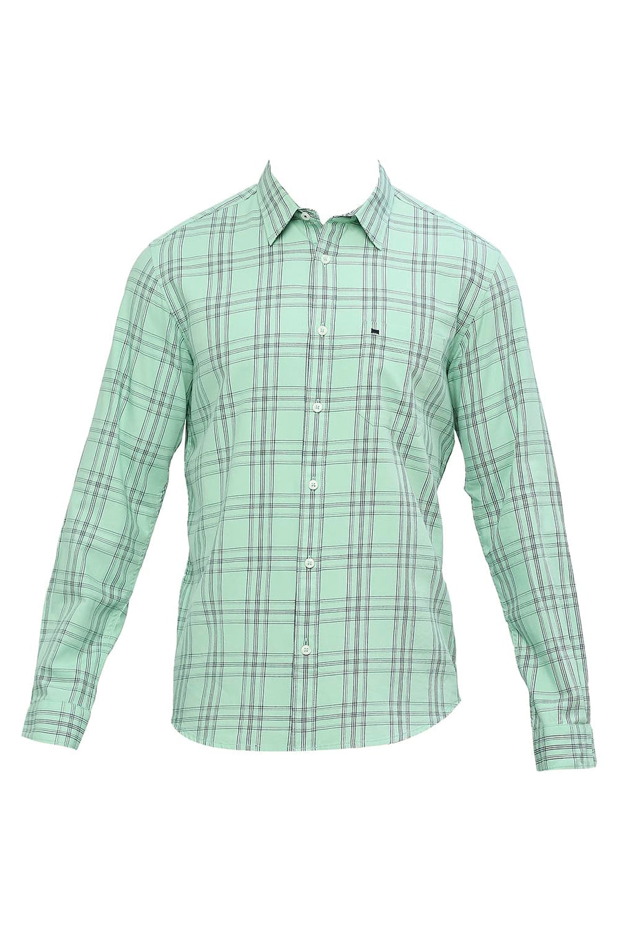 BASICS SLIM FIT COCKATOO GREEN COTTON TWILL CHECKS SHIRT
