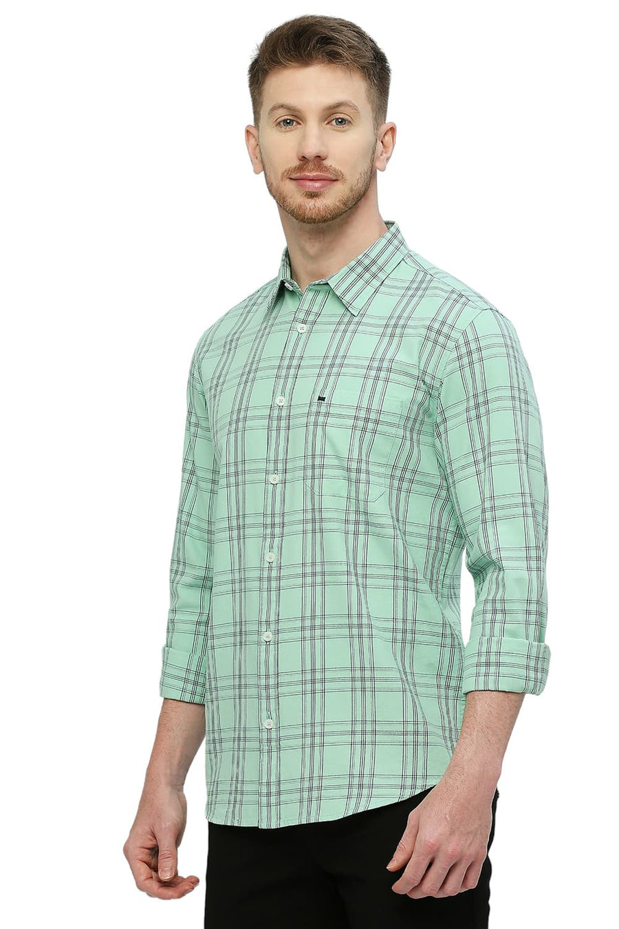 BASICS SLIM FIT COCKATOO GREEN COTTON TWILL CHECKS SHIRT