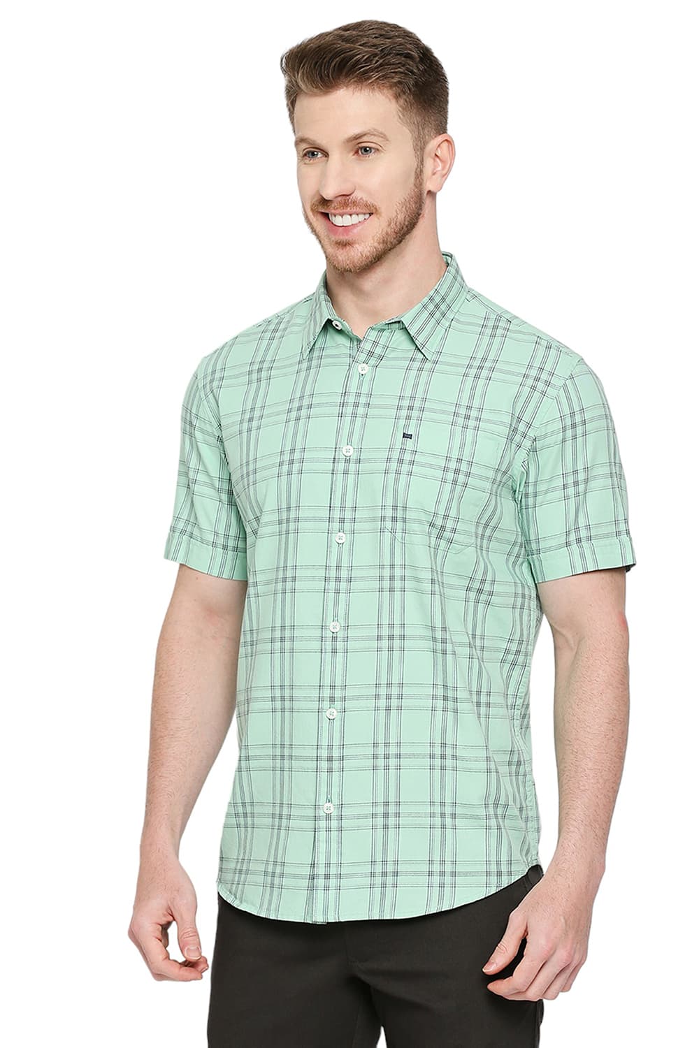 BASICS SLIM FIT COTTON TWILL CHECKS HALFSLEEVES SHIRT