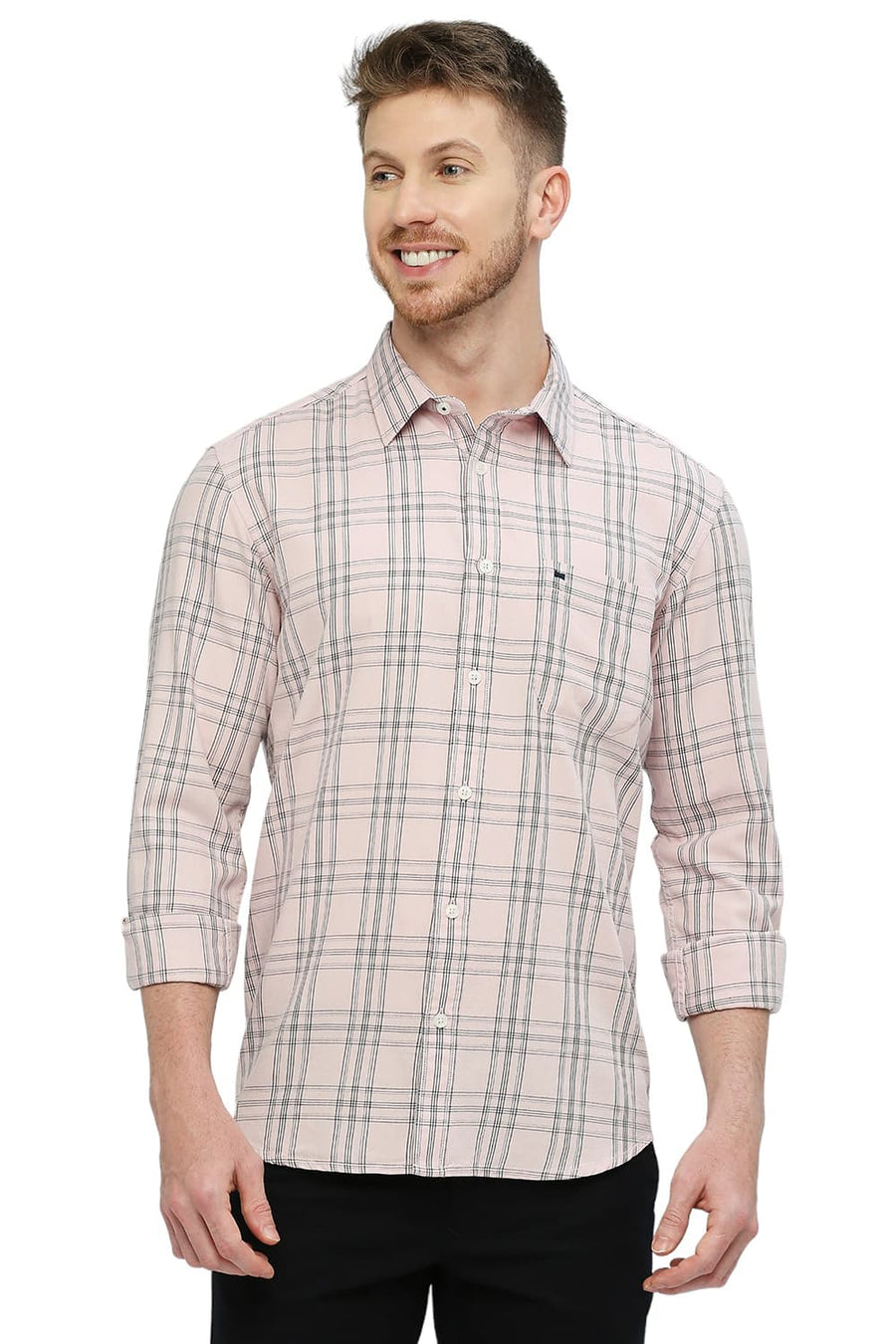 BASICS SLIM FIT PINK ICING COTTON TWILL CHECKS SHIRT