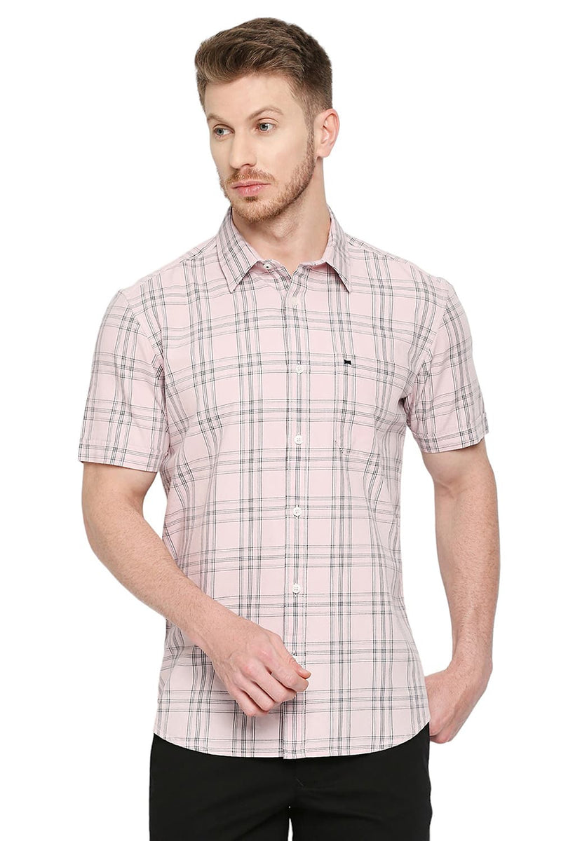 BASICS SLIM FIT COTTON TWILL CHECKS HALFSLEEVES SHIRT