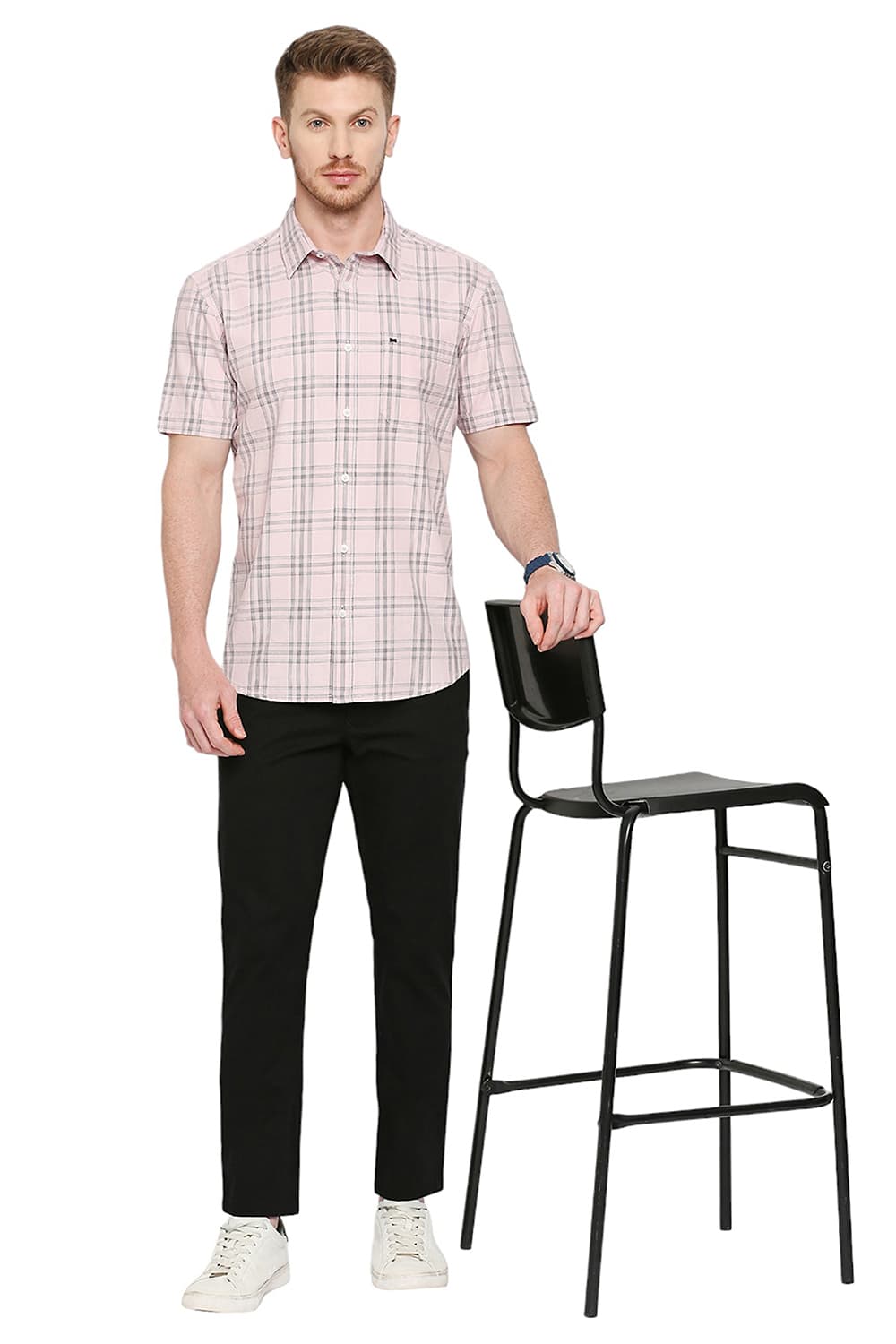 BASICS SLIM FIT COTTON TWILL CHECKS HALFSLEEVES SHIRT