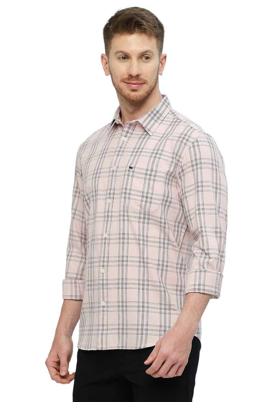 BASICS SLIM FIT PINK ICING COTTON TWILL CHECKS SHIRT