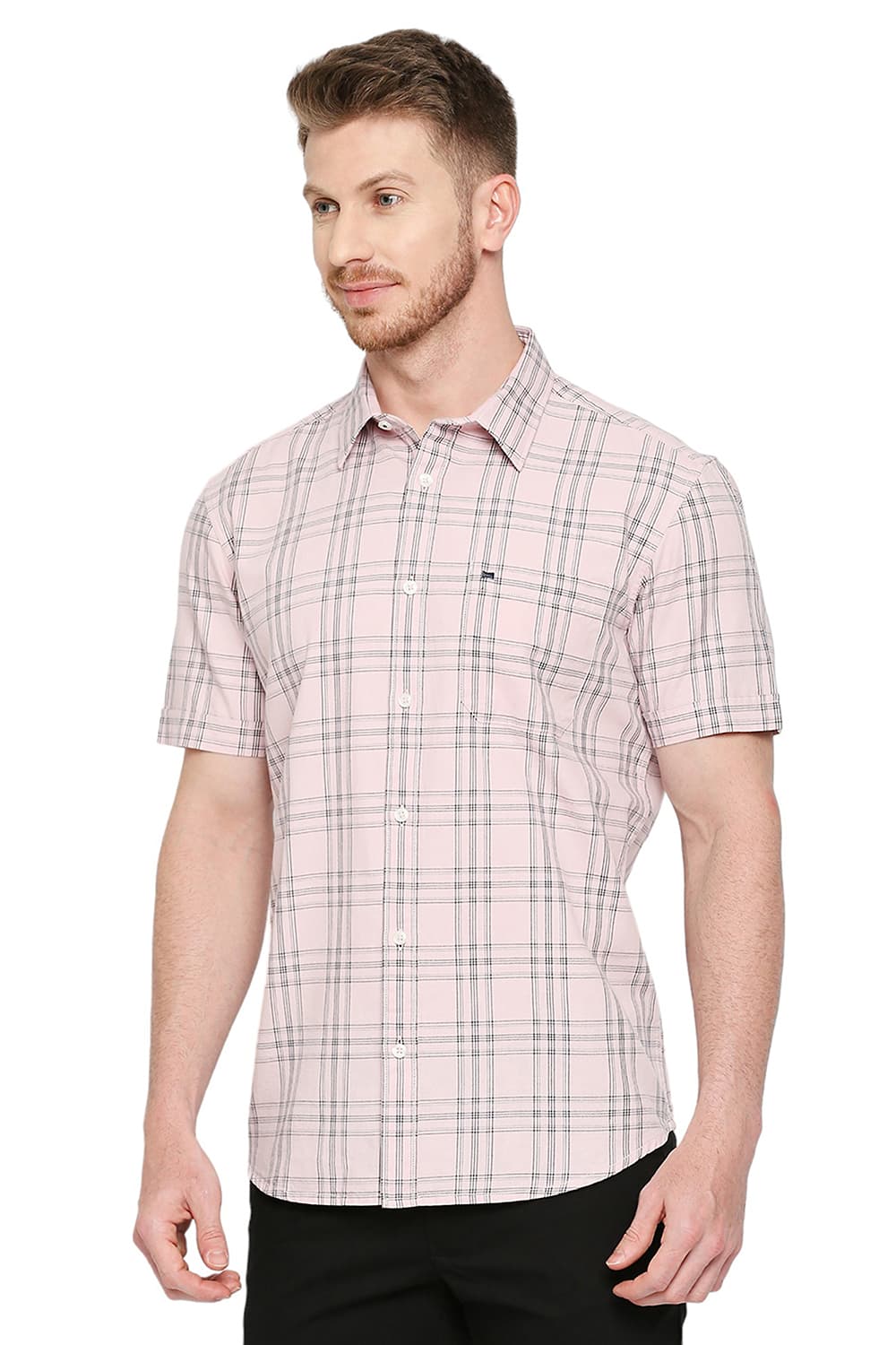 BASICS SLIM FIT COTTON TWILL CHECKS HALFSLEEVES SHIRT