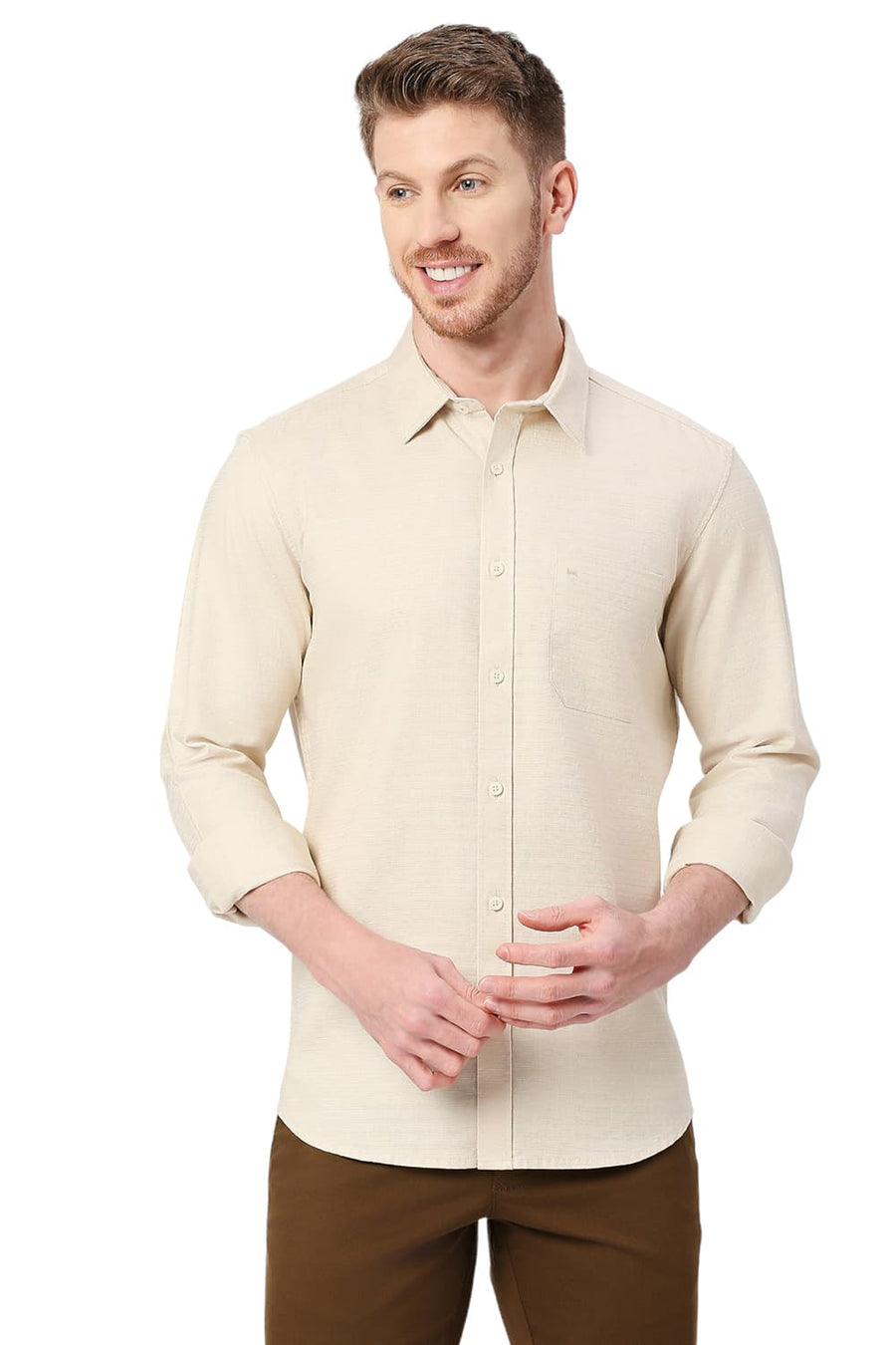 BASICS SLIM FIT MOONSTONE BEIGE COTTON DOBBY SHIRT