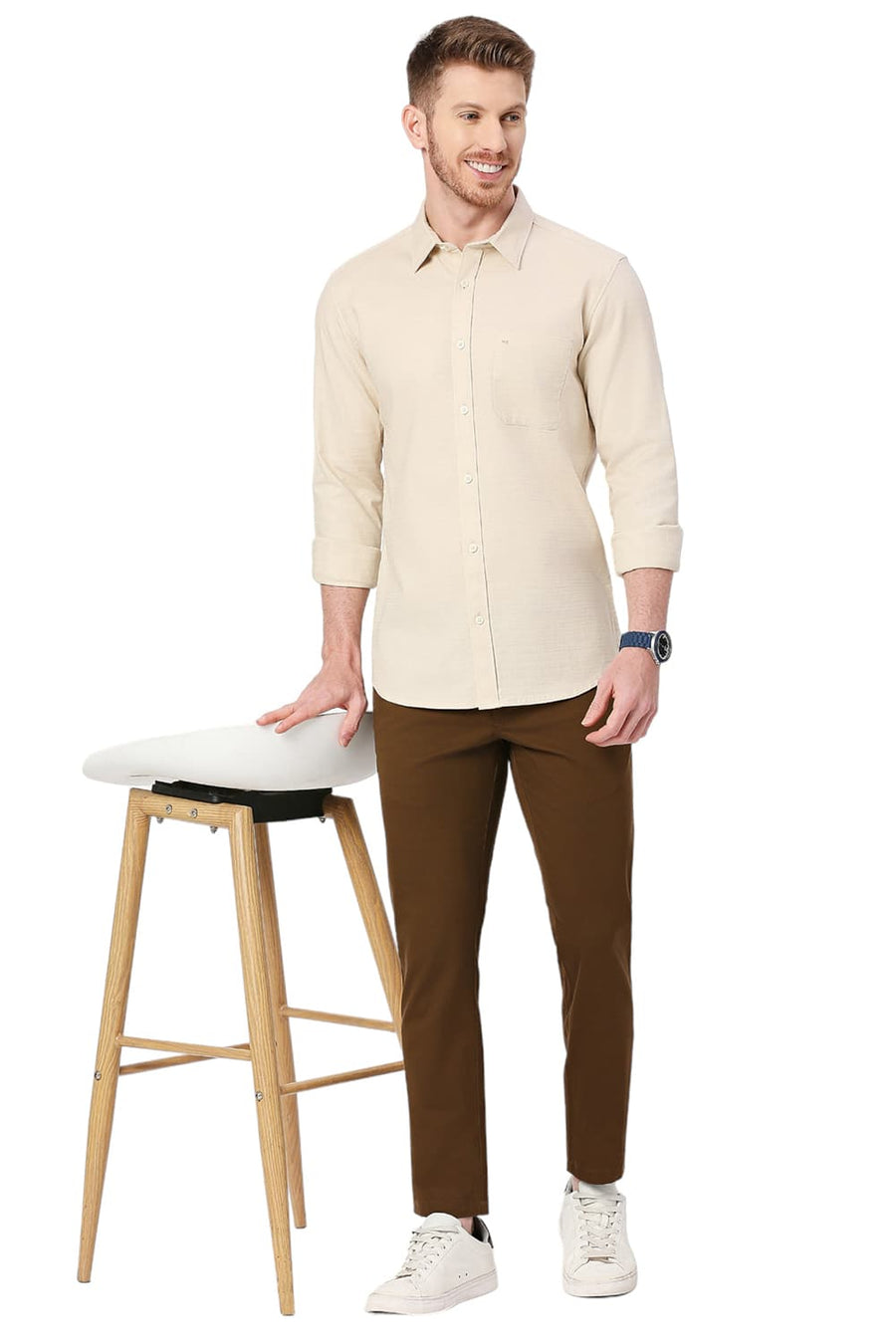 BASICS SLIM FIT MOONSTONE BEIGE COTTON DOBBY SHIRT
