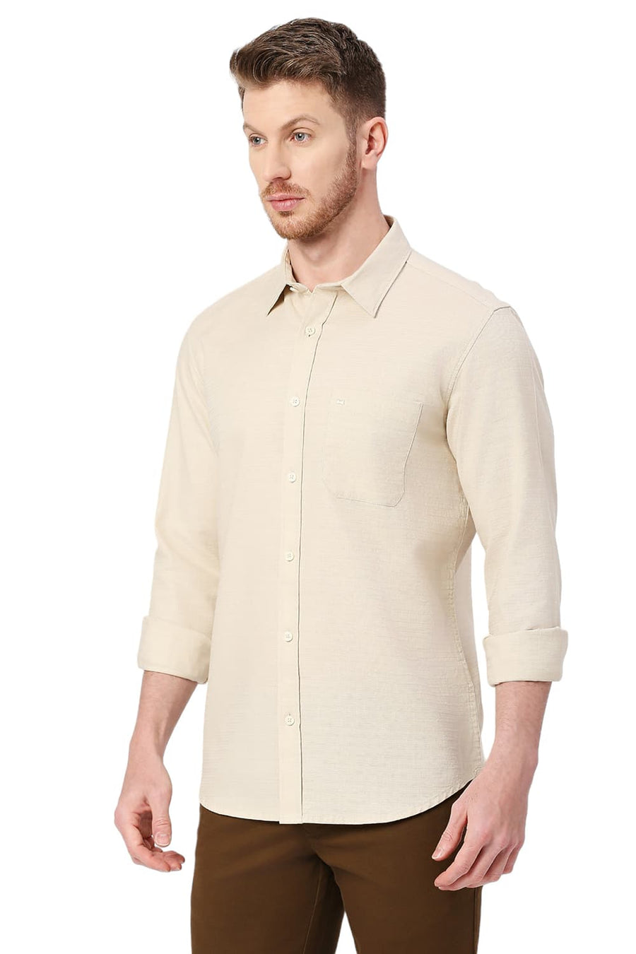 BASICS SLIM FIT MOONSTONE BEIGE COTTON DOBBY SHIRT