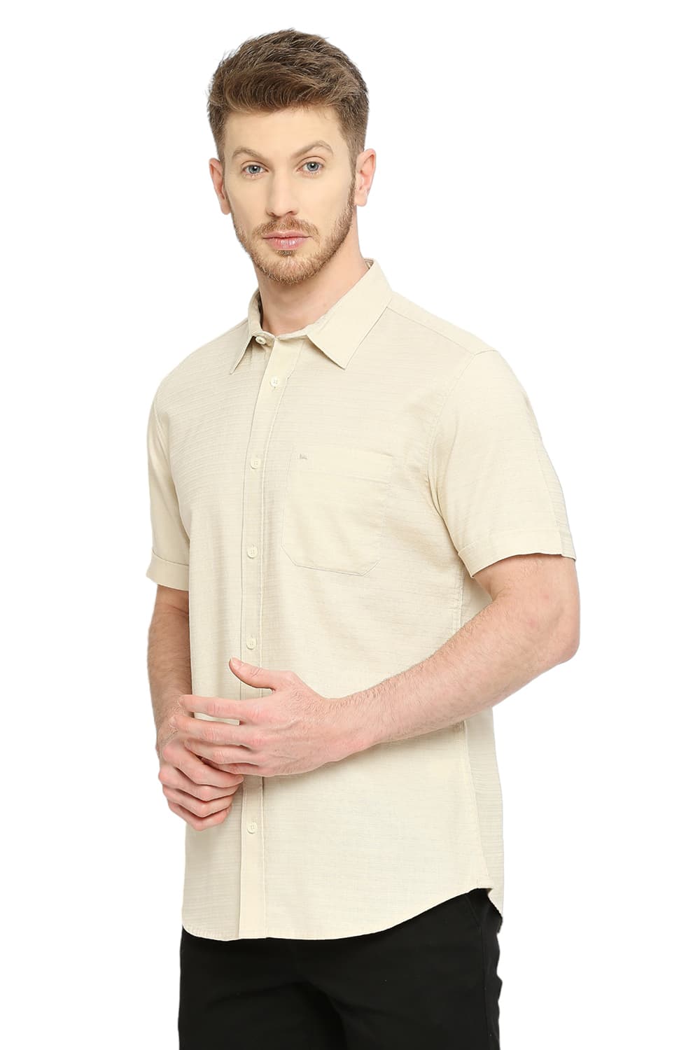 BASICS SLIM FIT COTTON DOBBY HALFSLEEVES SHIRT