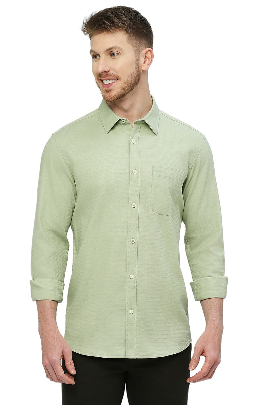 BASICS SLIM FIT MEADOW GREEN COTTON DOBBY SHIRT