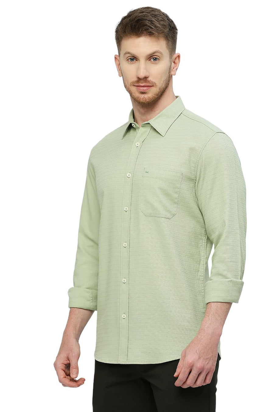 BASICS SLIM FIT MEADOW GREEN COTTON DOBBY SHIRT