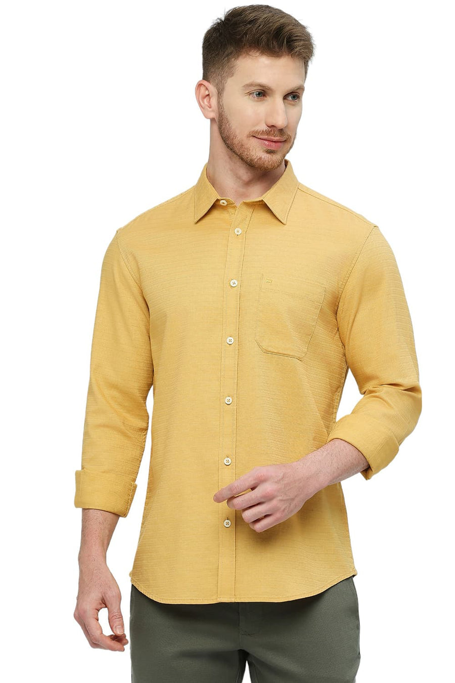 BASICS SLIM FIT MISTED YELOW COTTON DOBBY SHIRT